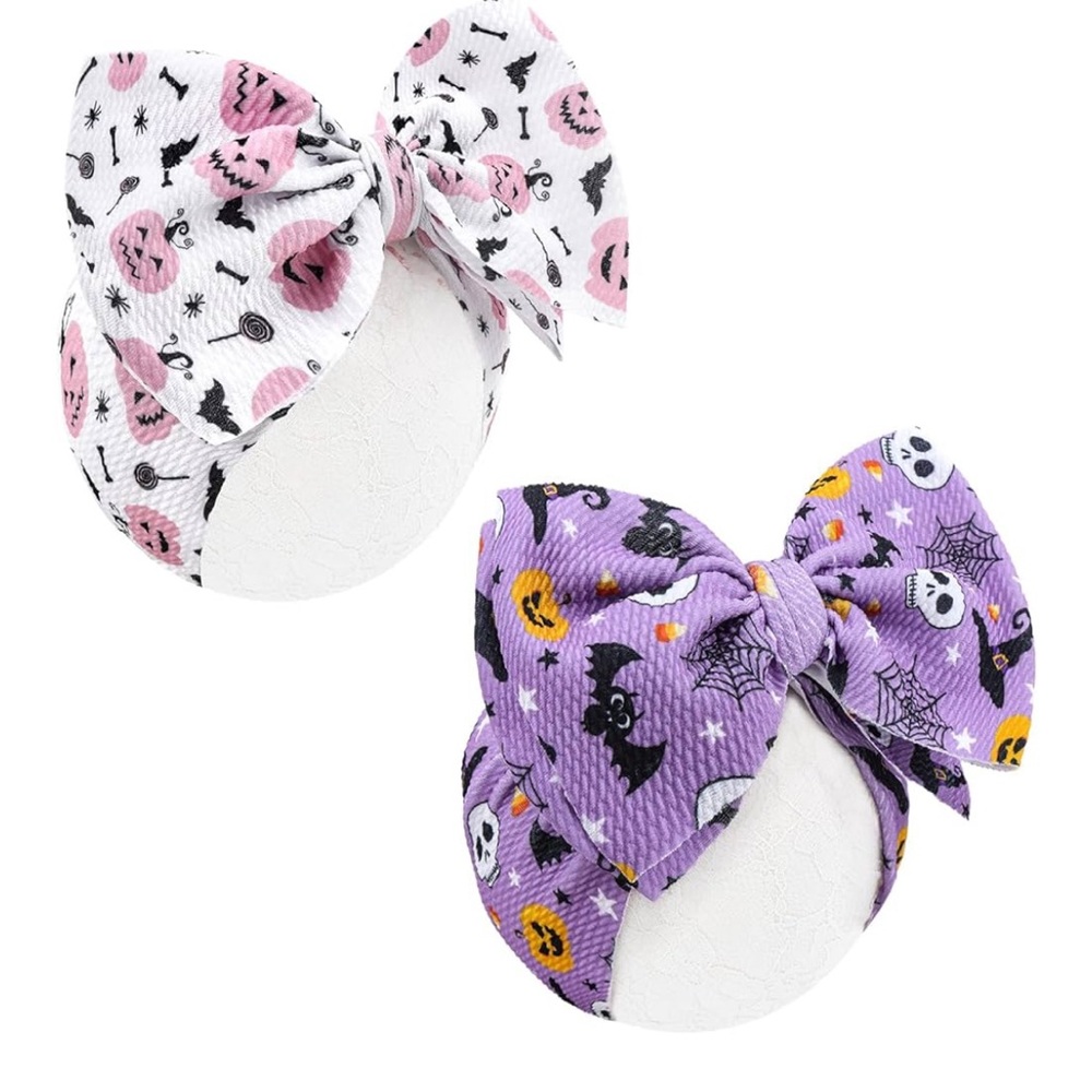 2pc Halloween Bow Headbands Girls Purple White Pumpkin Bat Skull Hair Bows New
